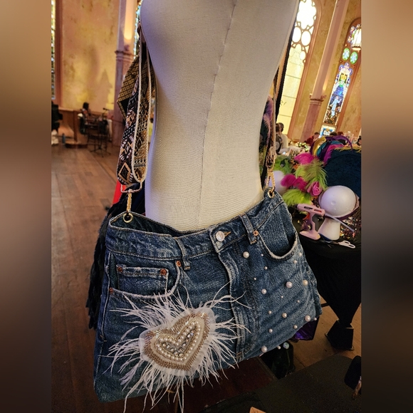 Embellished Denim Crossbody Bag Handcrafted Upcycled Accessory - Picture 2 of 5